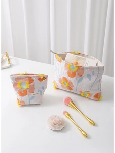Floral Jacquard Cosmetic Bag Portable Canvas Travel Makeup Organizer Zipper Pouch For Women Sweet Aesthetic Style