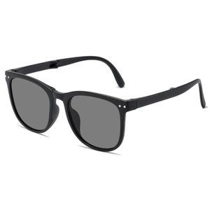 Foldable black frame sunglasses with grey UV protection lenses in a sleek ins-style