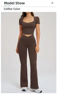 Close-up of coffee brown high-waist flared yoga pants and U-neck cropped top fabric