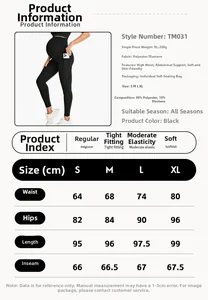 Detaillierte Größentabelle und Stoffangaben für Umstands-Yoga-Leggings mit hohem Bund