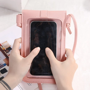 Pink PU leather crossbody phone bag with transparent touch screen window for women