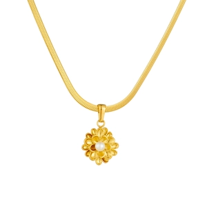 Elegant gold lotus flower pendant necklace with white pearl on flat snake chain