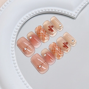 Short Square Round Press On Nails Handmade Cat Eye Butterfly Bow Rhinestone Plaid Design Manicure For Women