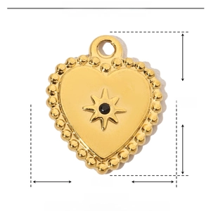 Technical drawing of gold heart pendant with dimensions 17mm by 21mm and black rhinestones