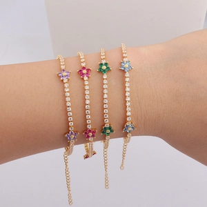 Sparkling gold flower bracelets with colorful zircon stones for women's daily wear