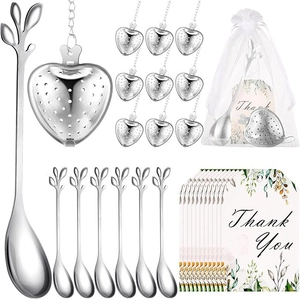 Detailed set of heart tea infusers with leaf spoons and thank you tags for wedding favors