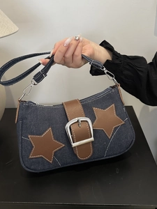 2024 minimalist denim shoulder bag with brown leather stars and silver metal buckle