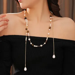 Vintage long pearl and tiger eye stone Y-necklace with elegant teardrop pendants