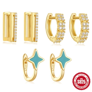 925 Sterling Silver Small Hoop Earrings For Women Gold Plated Star Geometric Zirconia Enamel Huggie Earrings Fashion Jewelry