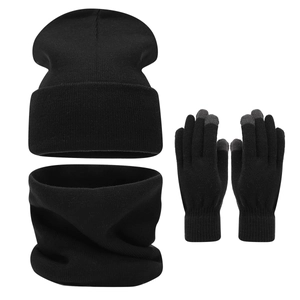 Winter 3-piece set featuring black knit beanie, neck warmer, and touch screen gloves