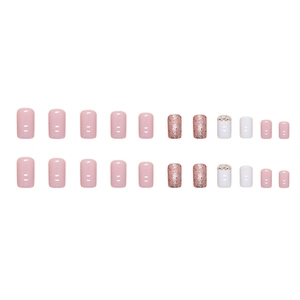 Elegant medium square press-on nails in creamy white and pink with glitter and rhinestones
