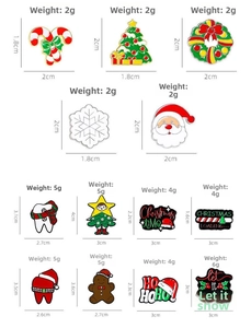 Detailed view of various Christmas enamel pins with weight and size specifications