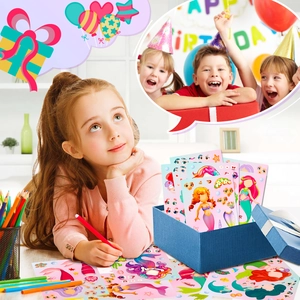 Mermaid princess DIY sticker set in blue gift box being used by a girl at a birthday party