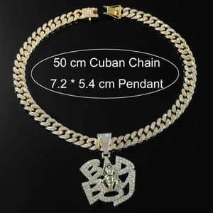 Close-up of 50cm golden Cuban chain necklace with iced-out 7.2x5.4cm letter pendant