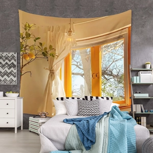 Detailed view of bohemian lemon tree wall tapestry hanging as a bedroom background