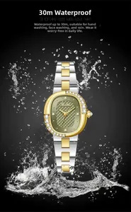 Close-up of small square women watch with olive dial and 30m water resistance display