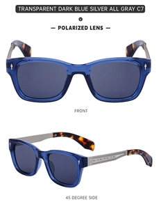 Polarized grey lenses and C7 blue frame detail with tortoiseshell patterned temples