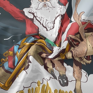 Detail of soft Christmas tapestry fabric showing Santa Claus print and velvet texture
