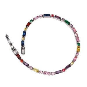 Rainbow gemstone bracelet featuring colorful rectangular zircons on a silver metal base