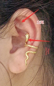 Detail of gold snake-shaped ear cuff with textured finish shown on left ear