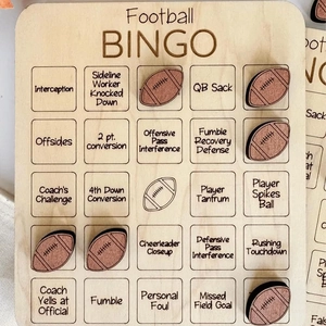 Classic wooden football bingo game board with carved markers for game nights