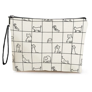 Checkered canvas makeup bag with cute cat prints and a black wrist strap for travel