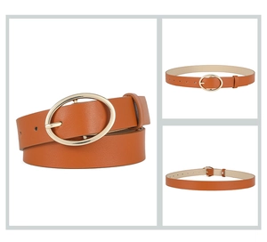 Detail of leopard print orange-brown PU belt with a gold oval metal buckle on white background