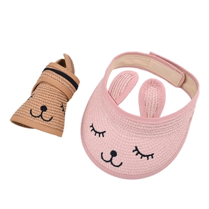 Kids bunny straw sun visor hats with cute embroidery and rollable foldable design