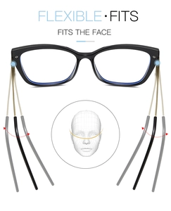 Macro shot showing flexible hinges of TR90 glasses with metal temples on white background