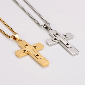 Gold and silver stainless steel cross necklaces with double-layer hollow design on white