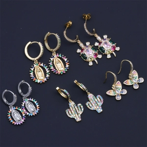 Colorful Cubic Zirconia Copper Earrings Butterfly Turtle Cactus Virgin Mary Dangle Hoop Jewelry For Women Ins Style Rainbow