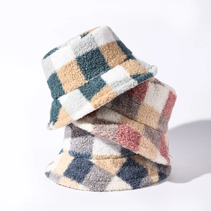Women's plaid sherpa bucket hats in warm teddy fleece with multi-color checkered patterns