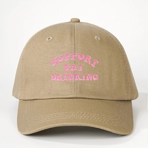 Khaki cotton baseball cap with pink Support Day Drinking 3D embroidery and adjustable strap