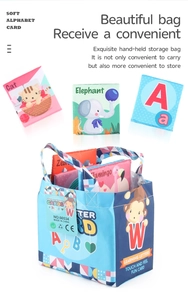 Detail of baby soft cloth book set with animal alphabet cards and a blue storage bag