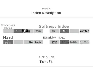 Size guide table showing moderate thickness, soft feel, and slim fit specifications