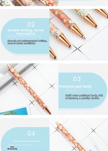 Detail of floral patterned ballpoint pens with rose gold accents and detachable parts