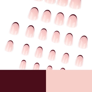 Minimalist French press on nails with soft pink base and deep burgundy red tips