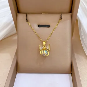 Bowknot Pendant Necklace Stainless Steel Clavicle Chain Copper Artificial Pearl Zircon Elegant Jewelry For Women