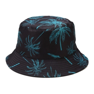 Cappello a secchiello nero con stampa di palme blu per protezione solare e viaggi in spiaggia