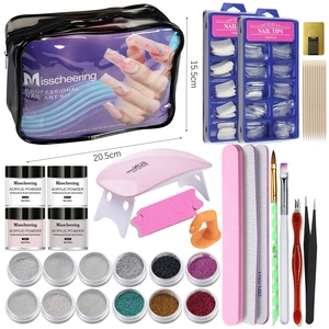 Complete nail art kit with pink UV LED lamp, acrylic powder, and glitters in black case