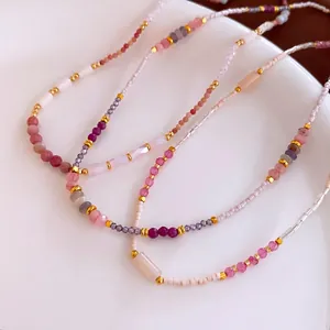 Vintage luxury beaded necklace with natural pink quartz and purple stones for women