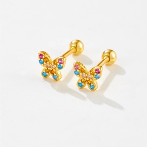 Exquisite S925 silver butterfly stud earrings with colorful zircon stones in gold finish