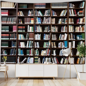 Realistic library bookshelf tapestry wall hanging for home office and study room decor