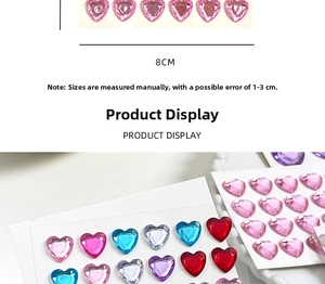 Macro detail of 8cm colorful 3D heart-shaped resin gemstone stickers for DIY craft decoration