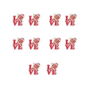 Bulk set of 10 red LOVE pendants with rugby ball design for DIY sports jewelry making