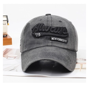 Detail of 3D embroidery and vintage washed cotton texture on a grey baseball cap