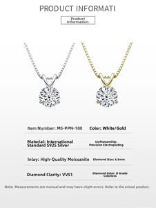 Detail of 6.5mm Moissanite pendant necklace in S925 silver with gold and silver finish