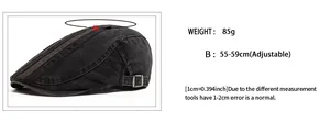 Detailed size chart for washed denim flat cap with 55-59cm adjustable head circumference