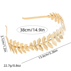 Detailed dimensions of golden leaf headband showing 38cm circumference and 22.7g weight