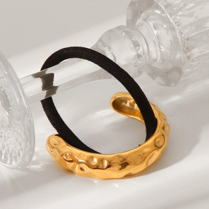 Hammered gold texture metal cuff on black elastic hair tie with 18K gold finish